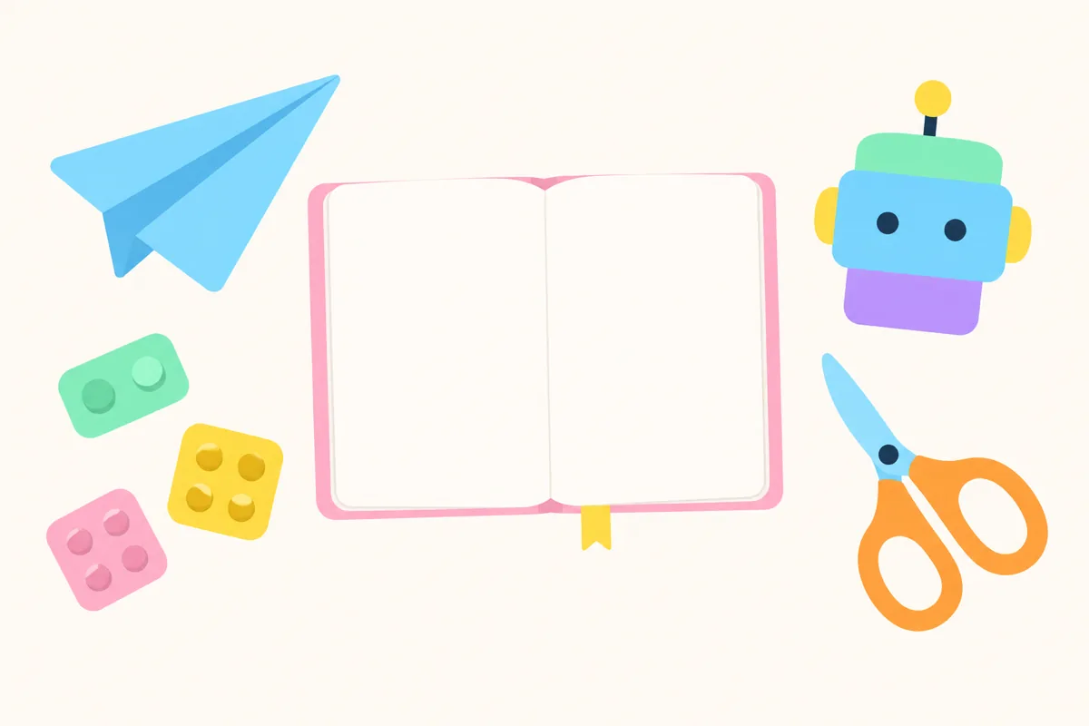 Flat pastel illustration of a craft table seen from above: an open blank notebook, a paper airplane, coloured building blocks, scissors and a small friendly robot, on a cream background.