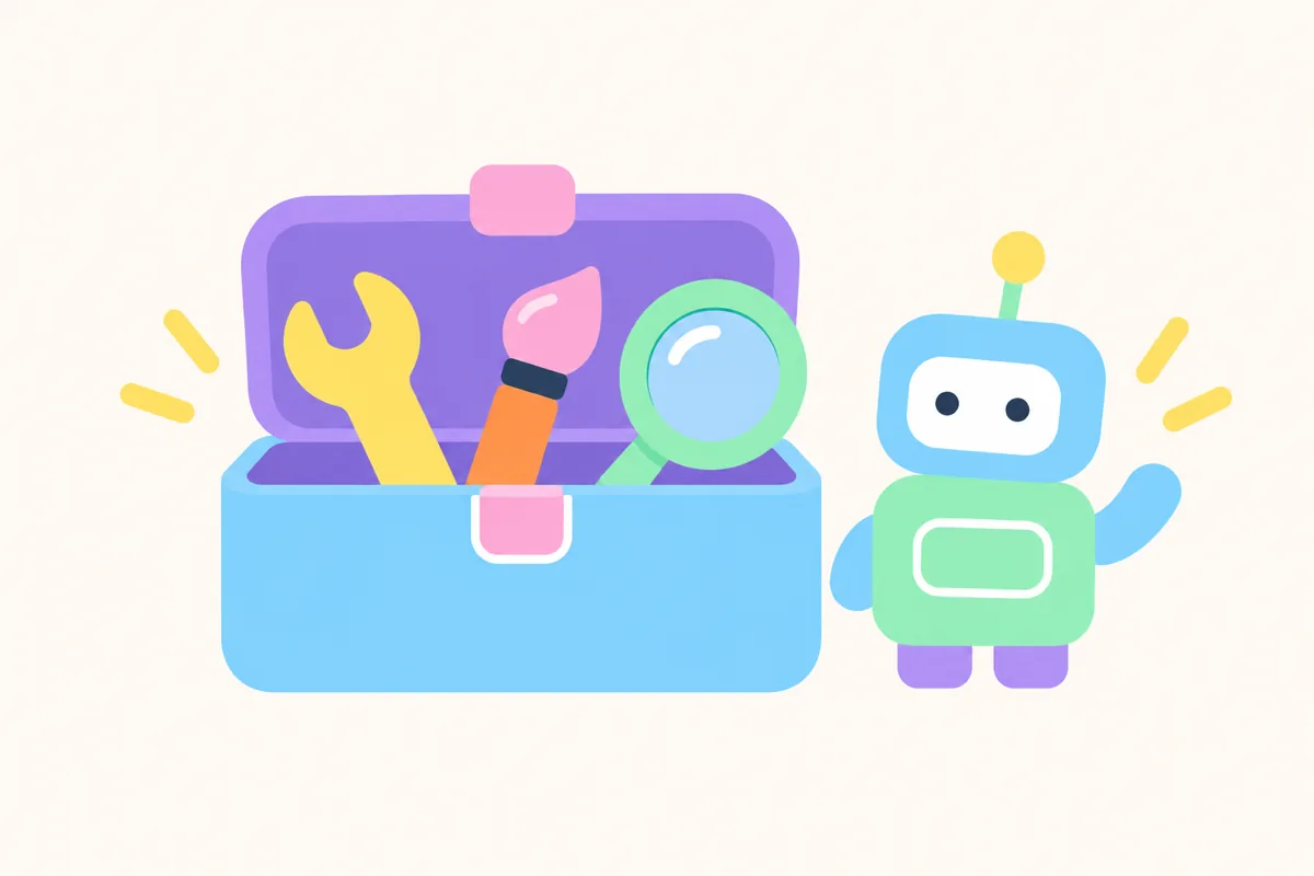 Flat pastel illustration of an open toolbox holding a wrench, a paintbrush and a magnifying glass, with a small friendly robot standing beside it on a cream background.