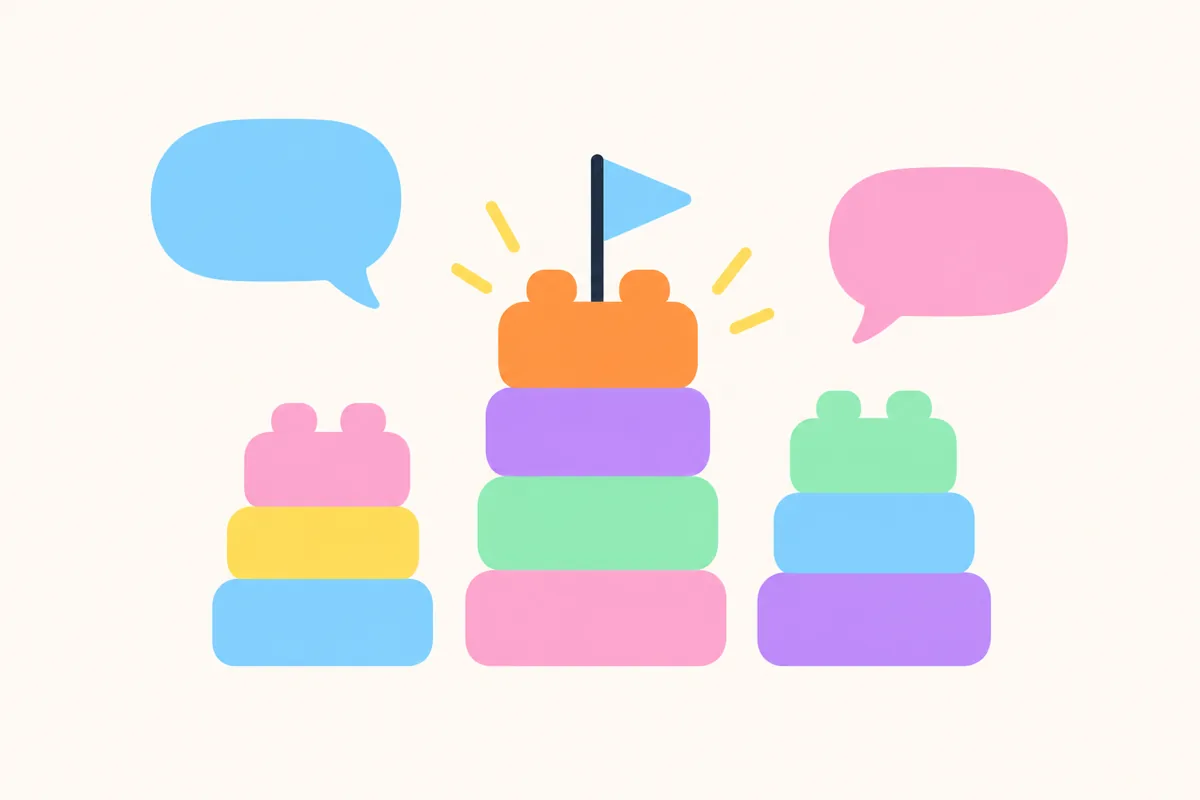 Flat pastel illustration of three stacks of rounded building bricks of different heights, the tallest topped with a small flag, with two empty speech bubbles beside them on a cream background.