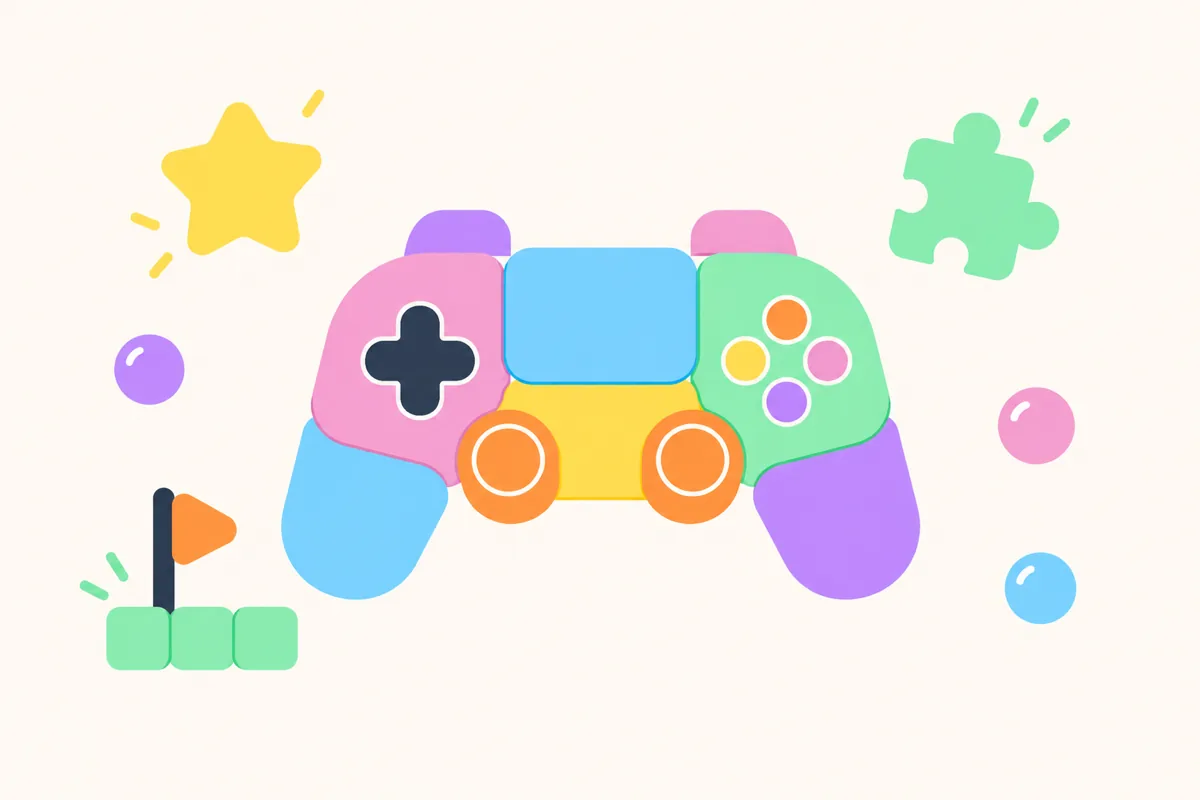 Flat pastel illustration of a game controller built from rounded blocks, surrounded by a star, a puzzle piece, a small flag and three coloured tokens on a cream background.