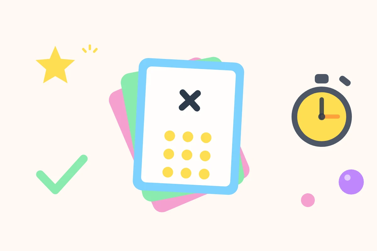 Flat pastel illustration of three fanned practice cards, the top one showing a multiplication sign above a grid of yellow dots, with a stopwatch, a green tick and a star around them on a cream background.