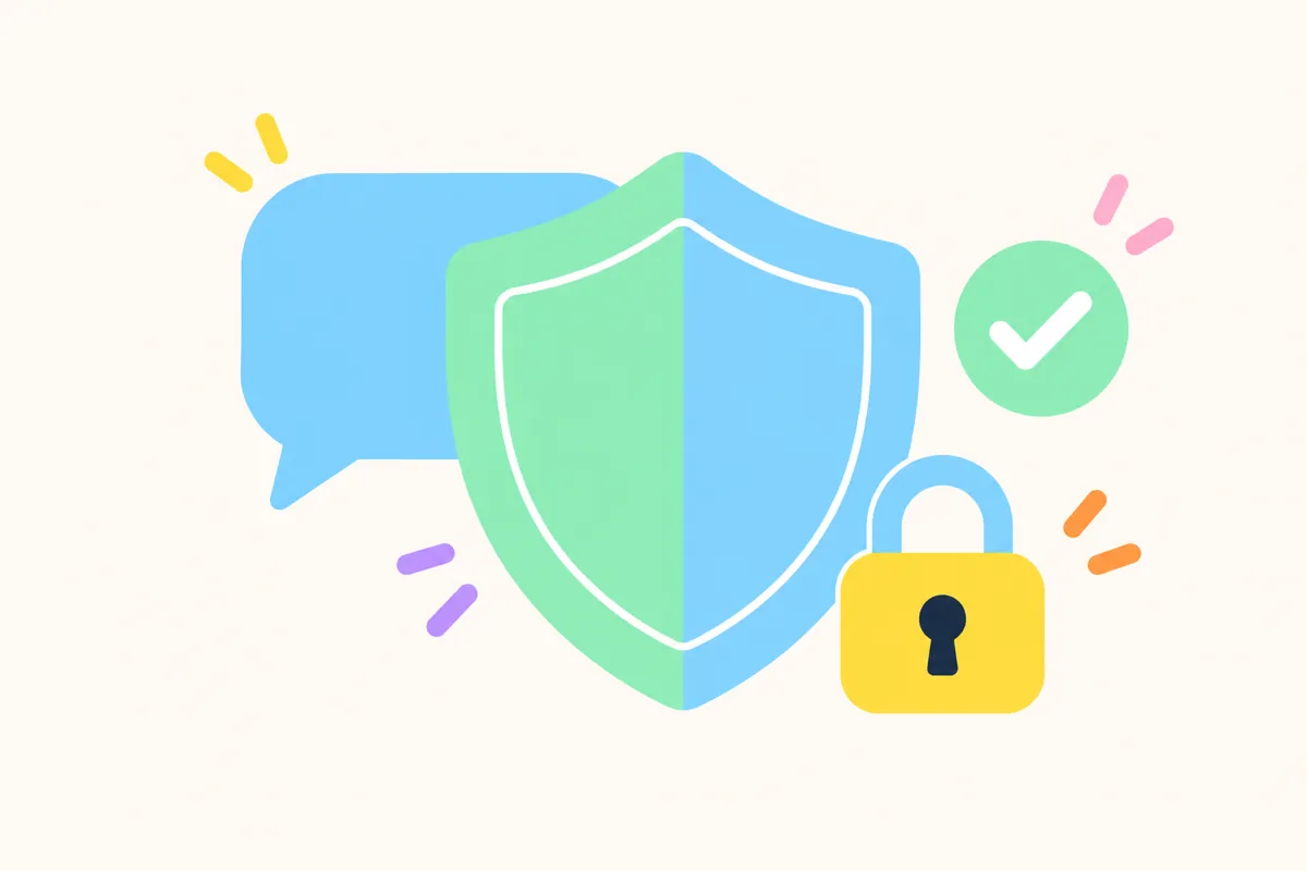 Flat pastel illustration of a rounded shield overlapping an empty chat bubble, with a padlock and a checkmark beside it on a cream background.
