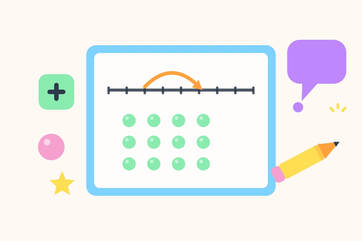 Flat pastel illustration of an open worksheet page showing a number line with an orange hop drawn over it and a grid of green dots below, with a pencil and an empty purple thought bubble beside it on a cream background.