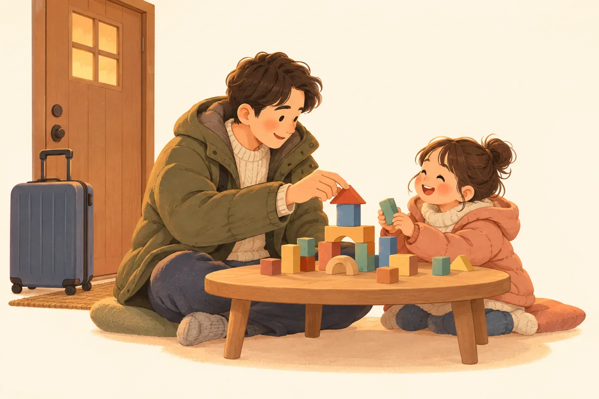 Flat pastel illustration of a parent, coat still on, sitting down on the floor at a low table to join a child building with blocks, the suitcase left at the front door.