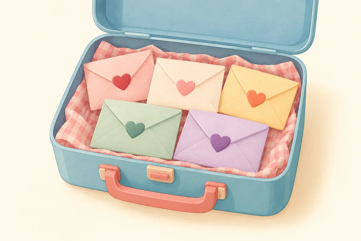 Flat pastel illustration of five small paper envelopes with heart-shaped seals tucked into an open lunchbox on a kitchen counter in morning light.