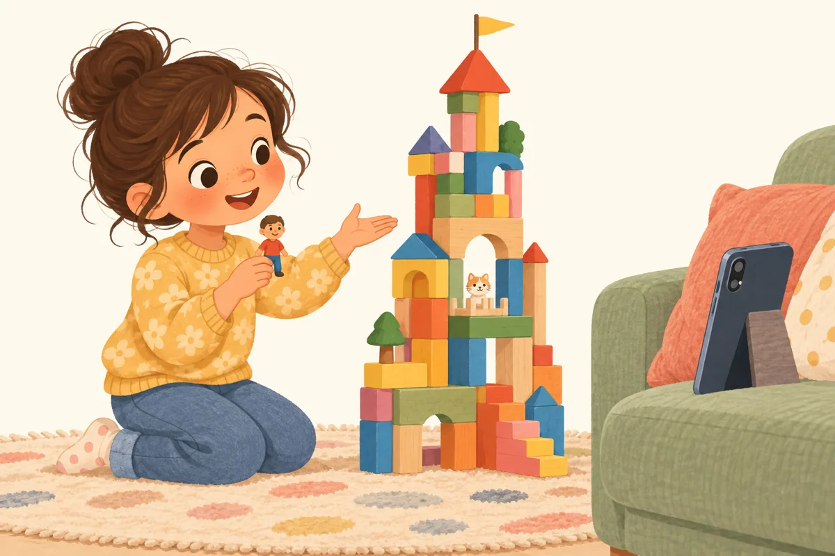 Flat pastel illustration of a child kneeling on a living-room rug, giving a tour of a tall colourful block-built tower, with a phone propped against a sofa cushion facing them.