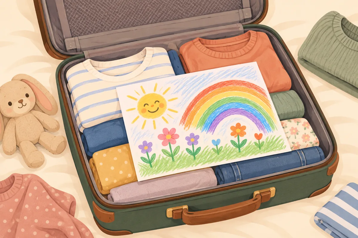 Flat pastel illustration of an open suitcase on a bed being packed: folded shirts with a child’s colourful crayon drawing laid flat on top.