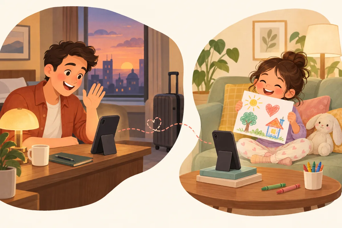 Flat pastel illustration of a warm video call split in two: on the left, a parent at a hotel desk at dusk with a suitcase by the wall; on the right, a child on a sofa at home holding up a crayon drawing toward the phone, the two screens joined by a soft dashed line.