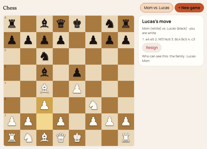 Screenshot of the Luchi app: a family chess board mid-game, labelled Mom versus Lucas with Lucas to move, the move list beside it and a note saying who can see this game.