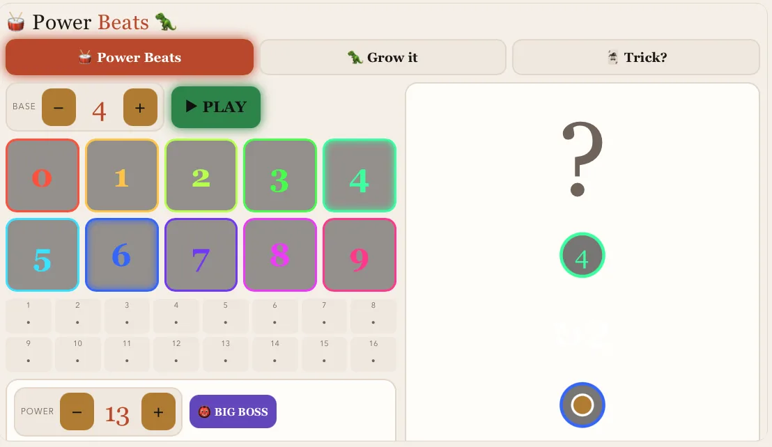 Screenshot of a game Luchi built: Power Beats, a drum machine whose beat is the last digit of the powers of a number. A base of 4 is selected beside a play button, the digits 0 to 9 are laid out as coloured pads, a sixteen-step sequencer grid sits below them, and a power counter reads 13.