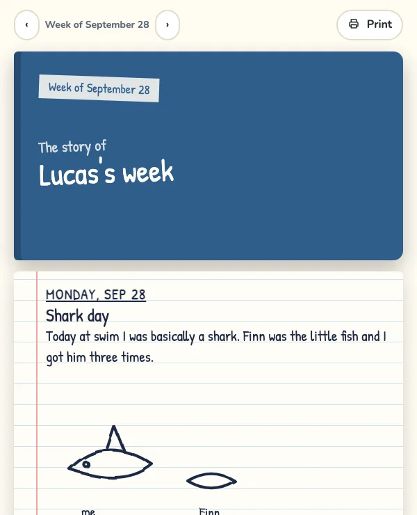 Screenshot of the Luchi app: the week book for the week of September 28, open on Monday, where the child has written in their own words about swimming like a shark, with their own drawing underneath.
